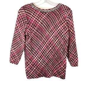 Talbots Pure Cashmere Houndstooth Plaid Sweater Jewel Embellished Size MP